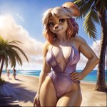 absurd_res accessory anthro beach breasts cleavage clothed clothing countershading female frilly frilly_clothing fur hair_accessory hi_res isabelle_(animal_crossing) looking_at_viewer nsfjerk one-piece_swimsuit outside palm_tree plant sea seaside smile solo swimwear tree water yellow_body yellow_eyes yellow_fur