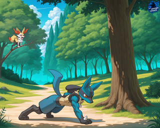 3_toes abs all_fours anthro being_watched biped black_body black_fur blue_body blue_fur branch chest_spike chest_tuft cloud day detailed_background digitigrade dipstick_tail duo feet female forest fur grass inner_ear_fluff looking_at_another male male/female markings multicolored_body multicolored_fur muscular muscular_anthro muscular_male nature orange_eyes outside plant red_eyes sky spikes spikes_(anatomy) stick tail tail_markings toes tree tuft white_body white_fur yellow_body yellow_fur thebigbradwulf nintendo pokemon braixen canid canine canis fox generation_4_pokemon generation_6_pokemon jackal lucario mammal pokemon_(species) digital_media_(artwork) hi_res shaded