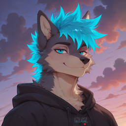 clothing cloud cloudy_sky fur grey_body grey_fur hair hoodie looking_at_viewer male solo teal_eyes teal_hair topwear ryukon ryu_(ryukon) canid canine canis mammal wolf hi_res portrait