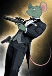 anthro black_eyes black_tie_(suit) bowtie clothed clothing dual_wielding fur green_body green_fur grey_body grey_fur gun handgun holding_gun holding_handgun holding_object holding_weapon male pink_nose pocket_square ranged_weapon simple_background simple_eyes solo suit tail weapon whiskers elphkun 12_oz_mouse mouse_fitzgerald mammal mouse murid murine rodent absurd_res hi_res