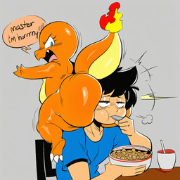 angry annoyed anthro anthrofied big_breasts big_butt black_hair blue_eyes blush breasts butt clothing cutlery dessert dialogue duo eating female fire flaming_tail food hair huge_ass huge_butt interspecies inviting kitchen_utensils looking_back male male/female open_mouth orange_body orange_skin shirt short_stack simple_background sitting teasing text thick_thighs tools topwear wide_hips hellsonger nintendo pokemon charmander generation_1_pokemon human mammal pokemon_(species) reptile scalie english_text