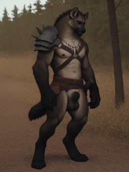 4_toes 5_fingers abs anthro arm_tuft armor balls belt belt_buckle biceps black_balls black_body black_claws black_fur black_nipples black_nose black_pawpads black_sheath black_sheath_slit blue_sky brown_body brown_fur canine_nose canine_teeth cheek_tuft claws cloth_belt crotch_tuft digitigrade facial_tuft feet finger_claws fingers forest fur genitals grass hilt inner_ear_fluff leather_straps male metal_armor muscular_thighs navel neck_tuft nipples path pawpads pecs plant pouch_(clothing) ring shoulder_armor sky smile solo standing tail toe_claws toes tooth_necklace tree tuft weapon_on_hip white_body white_fur yellow_eyes knotanotherfurry dungeons_and_dragons gnoll hyaenid mammal absurd_res hi_res