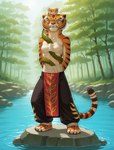 anthro chest_wraps claws clenched_teeth eyes_closed female female/female feral looking_at_viewer markings plant shaking solo standing standing_on_rock stripes teeth toe_claws tree trembling water wraps tamrad kung_fu_panda master_tigress master_viper felid mammal pantherine reptile scalie snake tiger viper hi_res