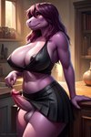 absurd_res anthro balls big_breasts black_nipples bottomwear breasts clothing crop_top dinosaur genitals gynomorph hi_res intersex looking_at_viewer nipple_slip nipples penis reptile scalie shirt skirt solo susie_(deltarune) topwear yellow_eyes