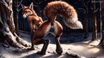 animal_genitalia animal_pussy anthro anus arched_back ass_up black_anus black_pussy bodily_fluids breasts butt canid canine canine_genitalia canine_pussy claws crouching detailed detailed_background detailed_fur digitigrade dipstick_ears dipstick_tail dripping facial_tuft feet female fluffy fluffy_tail forest fox fur genital_fluids genitals hi_res inner_ear_fluff looking_at_viewer looking_back mammal markings multicolored_ears nude orange_body orange_eyes orange_fur outdoor_nudity outside pawpads plant presenting presenting_anus presenting_hindquarters presenting_pussy pussy pussy_juice raised_tail realistic_fur rear_view shaded slim smile snow soft_shading solo tail_markings toe_claws tree tuft under_boob