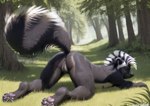 anthro anus black_and_white_fur butt detailed detailed_fur feet female fur furry_body genitals hi_res kiran mammal mephitid pawpads paws presenting presenting_hindquarters pussy raised_tail skunk solo