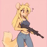 2024 anthro blonde_hair bottomwear breasts clothed clothing confusion denim denim_clothing female fur gun hair holding_object holding_weapon jeans long_hair navel pants pink_background pink_nose question_mark ranged_weapon red_eyes rifle shirt simple_background solo standing tan_body tan_fur topwear weapon mila_minx mammal mink mustelid musteline true_musteline hi_res