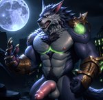 abs absurd_res anthro balls body_hair canid canine canis chest_hair claws full_moon genitals hi_res knot light male mammal moon moonlight nipples pecs penis pup_tobey solo warwick_(lol) were werecanid werecanine werewolf wolf