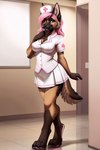 anthro clothed clothing female hair hat headgear headwear looking_at_viewer nurse nurse_clothing nurse_hat nurse_headwear pink_hair smile solo walking rattlepaw canid canine canis domestic_dog german_shepherd herding_dog mammal pastoral_dog absurd_res hi_res