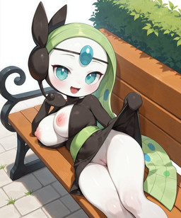 bench black_clothing blue_eyes blush bottomless breasts clothed clothing clothing_lift day dress dress_lift female genitals green_hair hair leaf lying_on_side nipples nude outdoor_nudity outside pink_nipples plant pussy smile solo white_body wide_hips xerberus0 nintendo pokemon generation_5_pokemon humanoid legendary_pokemon meloetta pokemon_(species) hi_res