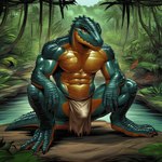 3_toes abs anthro bodily_fluids bottomwear bulge claws clothing feet forest forest_background green_body green_scales green_skin hands_on_knees hands_on_legs jungle loincloth looking_at_viewer male muscular muscular_anthro muscular_male nature nature_background orange_body plant scales sitting sitting_on_ground smile snout solo sweat sweaty sweaty_body toes tree wet wet_body wet_scales yellow_body xal-zul_(director) animal_humanoid humanoid lizard lizard_humanoid lizardfolk lizardman reptile reptile_humanoid scalie scalie_humanoid