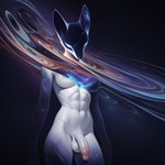 abs anthro athletic balls breasts cosmic_background fox_ears genitals gynomorph intersex nipple_slip penis solo starry_background latentspaceman celestial_being absurd_res hi_res