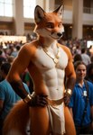 anthro bottomwear bracelet bulge clothing convention crowd gold_(metal) gold_jewelry group hands_on_hips jewelry loincloth looking_at_viewer male necklace public solo_focus standing carnivalecloudmuncher background_character canid canine fox human mammal hi_res