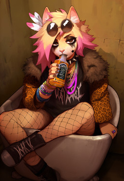 5_fingers accessory alcohol anthro bathroom bathtub beverage black_clothing black_shirt black_t-shirt black_topwear bored bottomless bottomless_anthro bottomless_male bracelet brown_claws brown_eyes claws clothed clothing collar crossdressing drinking ear_tuft eyebrows eyeliner eyeshadow eyewear eyewear_on_head feather_in_hair feathers femboy fingers fishnet fishnet_legwear footwear front_view fur fur_coat glitter hair hair_accessory humanoid_hands inside jewelry legwear looking_at_viewer makeup male markings multicolored_body multicolored_fur multicolored_hair necklace open_mouth pink_hair pink_nose ring_(jewelry) running_mascara shirt shoes simple_background sitting sneakers snout solo spiked_collar spikes star_(marking) sunglasses sunglasses_on_head t-shirt topwear tuft two_tone_body two_tone_fur white_face ratarang_(director) domestic_cat felid feline felis mammal hi_res novelai
