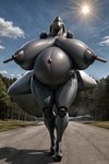 aircraft anthro big_breasts breasts clothing cloud female footwear genitals grey_body hi_res high_heels huge_breasts hyper hyper_breasts light living_aircraft living_machine living_vehicle machine natox nipples non-mammal_breasts non-mammal_nipples pregnant puffy_nipples pussy sagging_breasts sky solo standing sunlight thick_thighs vehicle