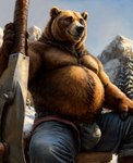 anthro big_bulge black_claws black_nose bottomwear brown_body brown_fur bulge claws clothing denim denim_clothing fur jeans keebler looking_at_viewer lumberjack male mammal mountains muscular outdoors pants potbelly round_ears sitting_on_bench snow solo ursid