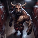 1:1 abs alternate_version_at_source anthro bovid bovine bulge cattle clothing colorful detailed detailed_background detailed_fur footwear full-length_portrait fur hair hi_res horn jockstrap light lighting locker_room looking_at_viewer male mammal muscular muscular_anthro muscular_male navel notte pecs portrait pubes public realistic seductive shaded shoes smile sneakers soft_shading solo underwear