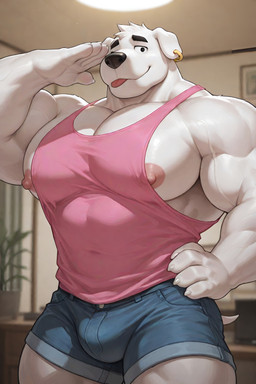 anthro barazoku big_muscles big_pecs blep bottomwear bulge claws clothing cutoffs denim denim_clothing ear_piercing ear_ring erect_nipples finger_claws fur gesture hand_on_hip male muscular nipples pecs piercing ring_piercing salute shirt shorts solo tank_top tongue tongue_out topwear white_body white_fur exveemon_(director) family_guy jasper_(family_guy) canid canine canis domestic_dog mammal absurd_res hi_res