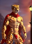 abs absurd_res anthro balls bottomwear bumblebee95 cape cheetah clothing detailed detailed_background detailed_fur felid feline genitals hi_res jewelry loincloth male mammal muscular necklace pecs realistic scarf solo vein