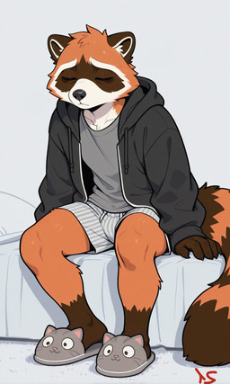 anthro bed biped black_clothing black_topwear bottomwear boxers_(clothing) brown_body brown_fur claws clothed clothing eyes_closed fingers footwear fur furniture grey_clothing hoodie jacket leg_markings male markings multicolored_body multicolored_fur on_bed orange_body orange_fur pattern_clothing pattern_underwear ring_(marking) ringtail shirt sitting sitting_on_bed slippers solo striped_markings striped_tail stripes tail tail_markings tired topwear tuft underwear white_body white_fur towersmash mammal procyonid raccoon hi_res
