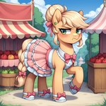 apple blush bow_ribbon braided_tail clothing dress ear_piercing ear_ring female feral food footwear frown fruit grass green_eyes hair hair_bun hasbro looking_at_viewer outside piercing plant raised_leg ring_piercing shoes solo standing tree tyto4tme4l friendship_is_magic my_little_pony applejack_(mlp) earth_pony equid equine horse mammal pony hi_res