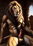 africa animal_genitalia animal_penis anthro balls felid feline_penis genitals hi_res lion looking_at_viewer male mammal marcus64 muscular nipples nude pantherine penis sitting solo tribal