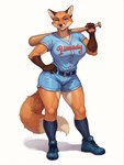 anthro athletic athletic_female baseball_bat baseball_uniform bat_(object) belt big_breasts boots bottomwear breasts clothed clothing confident cutoffs denim denim_clothing female footwear fully_clothed hand_on_hip holding_object legwear looking_at_viewer pose shorts smile socks solo sportswear standing uniform anonymous_director canid canine fox mammal hi_res