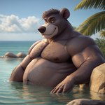 absurd_res anthro baloo_jungle_book bedroom_eyes body_hair chest_hair cloud hi_res male mammal narrowed_eyes nipples outdoors outside pecs plant pool pup_tobey relaxing seductive solo tree ursid water