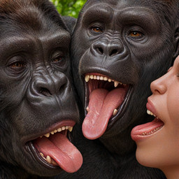 close-up female feral germparrot group happy implied_oral male male/female teeth tongue tongue_out trio ape gorilla haplorhine mammal primate