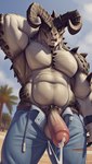 anthro balls beach big_balls big_muscles big_penis blue_eyes bodily_fluids bottomwear clothing cum cum_drip deathclaw denim denim_clothing dripping genital_fluids genitals hi_res horn jeans looking_at_viewer looking_down male musclegut muscular muscular_anthro pants pecs penis pinasheep69 scales scalie seaside solo