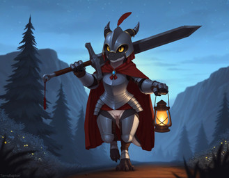 3_toes 4_fingers accessory anthro armor cape claws clothing confident digitigrade evergreen_tree fantasy feet female fingers front_view furgonomic gauntlets gem genitals gloves handwear headgear helmet holding_object holding_weapon horn horn_accessory lamp lantern medieval melee_weapon morning mountain outside pine_tree plant plate_armor pussy road sky solo star starry_sky sword toe_claws toes tree unconvincing_armor walking weapon yellow_eyes terraraptor kobold scalie director_name hi_res