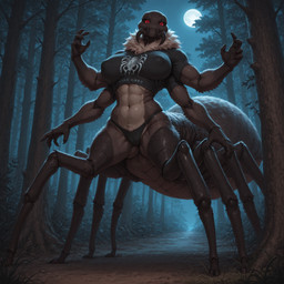 abs anthro arthropod_abdomen black_clothing black_sclera breasts brown_body brown_fur camel_toe claws clothing exoskeleton female feral forest fur leaf mandibles moon muscular muscular_anthro muscular_female navel night nipples non-mammal_breasts non-mammal_nipples panties plant red_eyes shirt solo topwear tree underwear zoc animal_humanoid arachnid arachnid_humanoid arachnid_taur arthropod arthropod_humanoid arthropod_taur humanoid monster spider taur hi_res