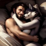 absurd_res anthro bed breasts canid canine canineluvr19 canis clothed clothing cuddling duo facial_hair female furniture happy hi_res human human_on_anthro interspecies male male/female mammal romantic romantic_couple side_boob sleeping smile suggestive topless wolf