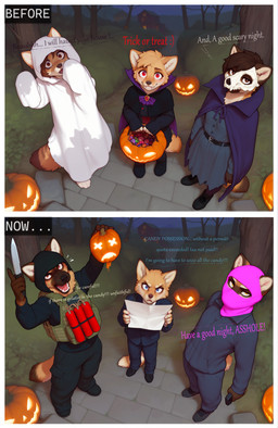 2_panel_comic 4_toes 5_fingers annoyed anthro balaclava belt black_clothing blue_eyes bright brown_body brown_eyes brown_fur bulletproof_vest business_suit candy clothing container costume decapitation dessert dialogue explosives feet female fingers food footwear forest fur gesture ghost_costume grey_clothing group gun halloween halloween_costume handgun hat headgear headwear holding_container holding_gun holding_handgun holding_knif holding_object holding_paper holding_pistol holding_pumpkin_head holding_weapon humor jack-o'-lantern knife looking_at_object looking_at_viewer male mask medallion nature nature_background neutral_expression night open_mouth outside paper path pink_balaclava pistol plant pointing pointing_up pumpkin_head ranged_weapon red_eyes screaming shoes skull_mask smile smiling_at_viewer suit talking_to_viewer tan_body tan_fur text toes tracksuit tree trio vampire_costume weapon white_clothing yelling yellow_eyes young adragocult ailurid ambiguous_species canid canine fox mammal red_panda hi_res