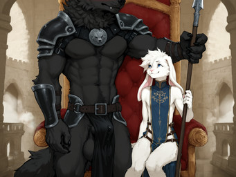 abs animal_genitalia anthro armor balls bedroom_eyes big_balls biped black_balls black_body black_fur black_penis blue_eyes blush bodily_fluids body_hair bottomwear bulge casual_exposure chair claws clothed clothing duo femboy fur furniture genital_fluids genitals gesture hair happy_trail holding_object ineffective_clothing ineffective_concealment larger_male loincloth male male/male melee_weapon motion_blur motion_lines muscular muscular_anthro muscular_male narrowed_eyes pecs penis polearm precum precum_through_clothing public public_exposure seductive sheath sitting size_difference smaller_male smile spear standing suggestive suggestive_gesture teeth throne tuft unconvincing_armor weapon wet wet_clothing white_body white_fur white_hair anotheranon canid canine canis lagomorph leporid mammal rabbit wolf hi_res