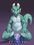 absurd_res andromorph anthro anthro_penetrated bodily_fluids clawsome cum cum_drip cum_in_pussy cum_inside dildo dildo_sitting dripping genital_fluids genitals green_body green_eyes green_scales hi_res intersex kobold leaking_cum looking_at_viewer nude penetration purple_dildo pussy scales scalie sex_toy sex_toy_insertion solo vaginal