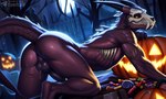 all_fours anthro backsack balls biped black_body black_sclera bodily_fluids bone butt candy dessert dripping erection food fruit full_moon genital_fluids genitals halloween holidays horn humanoid_genitalia humanoid_penis jack-o'-lantern looking_at_viewer looking_back male moon muscular muscular_anthro muscular_male night nude outside penis perineum plant precum presenting presenting_hindquarters pumpkin scar skull skull_head solo stitch_(sewing) sweat tail teeth text tree yellow_eyes sergalbutt monster scalie 5:3 signature url