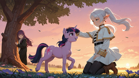 crossover cutie_mark ear_piercing eyelashes female feral flower fur grass green_eyes group hair horn humanoid_pointy_ears long_hair mane open_mouth open_smile outside piercing plant purple_body purple_eyes purple_fur smile sunset tail teeth tree trio twintails_(hairstyle) unicorn_horn white_hair truekry friendship_is_magic frieren:_beyond_journey's_end my_little_pony fern_(frieren) frieren twilight_sparkle_(mlp) elf equid equine human humanoid mammal unicorn hi_res