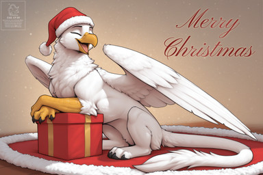 abstract_background ambiguous_gender beak christmas christmas_clothing christmas_headwear christmas_present clothing feathers feral fur gift happy hat headgear headwear open_mouth open_smile rug santa_hat sitting smile solo text white_body white_feathers white_fur wings tailupsd avian gryphon mythological_avian english_text hi_res watermark