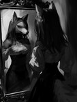 anthro black_hair black_nose breasts clothed clothing dress eyelashes female goth grey_body hair hair_over_eye long_hair mirror off_shoulder one_eye_obstructed red_eyes solo tail sappy_(director) canid canine canis mammal wolf absurd_res black_and_white hi_res monochrome oil_painting_(artwork) painting_(artwork) traditional_media_(artwork)