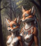 anthro blue_eyes breasts closed_smile daughter duo feather_necklace female female/female forest jewelry mother mother_and_child mother_and_daughter necklace nipples nude outside parent parent_and_child plant size_difference tree yellow_eyes young babeyax715 canid canine fox mammal hi_res