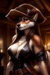 absurd_res anthro belt breasts candle canid canine canineluvr19 canis chest_tuft cleavage clothed clothing female hair hi_res long_hair looking_at_viewer mammal nipple_outline pirate pirate_hat seductive solo solo_focus stern_look tuft wolf