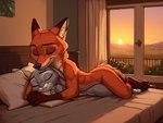 anthro bed bedroom cuddling duo embrace eyes_closed female furniture hug inside light lying male male/female nude on_bed on_front pillow sex sleep_sex sleeping smile sun sunlight sunrise zootopia tundra96 judy_hopps nick_wilde canid canine fox lagomorph leporid mammal rabbit