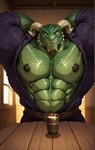 abs alcohol anthro beer belt beverage biceps big_muscles black_nipples clothed clothing facial_spikes green_body green_scales hands_behind_head horn huge_muscles jaw_spikes looking_at_viewer male muscular nipples open_clothing open_shirt open_topwear pecs scales shirt smile solo spikes spikes_(anatomy) tavern tight_clothing topwear veiny_muscles yellow_eyes vanzilen argonian scalie absurd_res half-length_portrait hi_res portrait