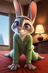 all_fours angry_puppy anthro bed bedroom building clothing disney female fur furniture grey_body grey_fur judy_hopps kneeling lagomorph lamp leporid looking_at_viewer mammal on_knees pajamas purple_eyes smile smiling_at_viewer solo table window zootopia