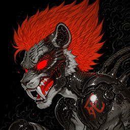 anthro armor cybernetic_limb cybernetics cyberpunk fangs glowing glowing_eyes glowing_hair glowing_mouth hair japanese_mythology machine male metal red_hair solo style_emulation teeth text loren_iipsum cyborg demon felid mammal pantherine tiger hi_res japanese_text