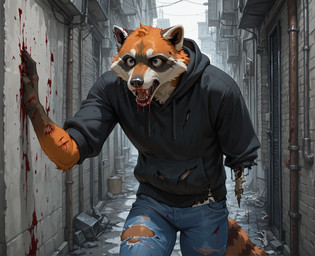 alley anthro black_clothing black_hoodie black_nose black_topwear blood blood_on_clothing blood_on_face blood_on_hand blue_bottomwear blue_clothing blue_pants bodily_fluids bottomwear claws clothed clothing denim denim_bottomwear denim_clothing dumpster fangs fingers fur gore hoodie jeans looking_at_viewer male open_mouth orange_body orange_fur outside pants solo standing stripes tail teeth topwear torn_bottomwear torn_clothing torn_pants trash tuft wall_(structure) whiskers white_body white_fur wounded towersmash mammal procyonid raccoon undead zombie hi_res