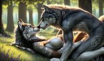 anthro breasts canid canine canis day detailed detailed_fur duo eye_contact featureless_breasts female forest forest_background looking_at_another looking_at_partner lying male male/female male_on_top mammal markings muscular muscular_male nature nature_background noses_touching on_back on_top outdoors photorealism plant rim_light romantic romantic_couple smile suggestive tree tribal tribal_markings wolf wolfik