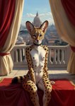 anthro balcony barely_visible_genitalia barely_visible_pussy black_nipples breasts city collar collar_only countershading curtains degenstoic detailed_background felid feline female fur genitals grey_eyes hi_res inner_ear_fluff looking_at_viewer mammal multi_nipple navel neck_tuft nipples nude pussy rome serval sitting small_breasts solo spots spotted_body spotted_fur tuft