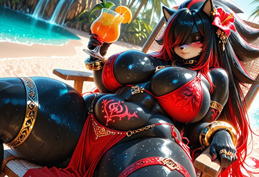 anthro beach_background bikini bodily_fluids clothing female jewelry rule63 solo sweat swimwear womb_tattoo sega sonic_the_hedgehog_(series) shadow_the_hedgehog